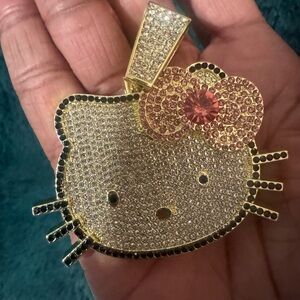 Gold-Tone Pink Crystal Bow Kitty Pendant Necklace